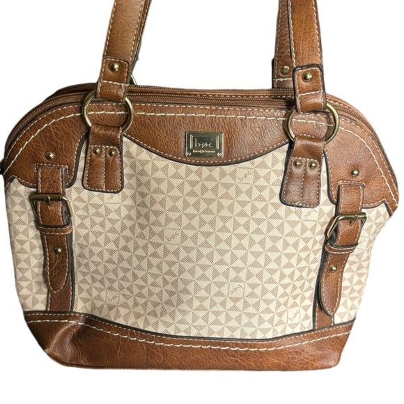 b.o.c. Tan & Brown Coated Canvas Shoulder Bag Medium Size 3 Section Handbag - Picture 16 of 16